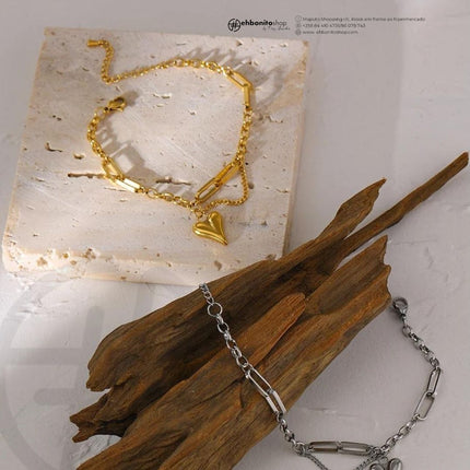 Rudith - Pulseira com correntes entrelaçadas com pingente de coração banhado a ouro de 18k - EhbonitoshopMoz